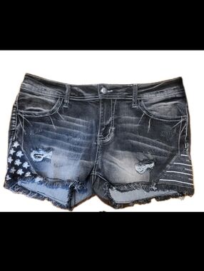 Flamingo Womens Shorts Large Black Distressed Denim Shorts Flag Accent Grunge